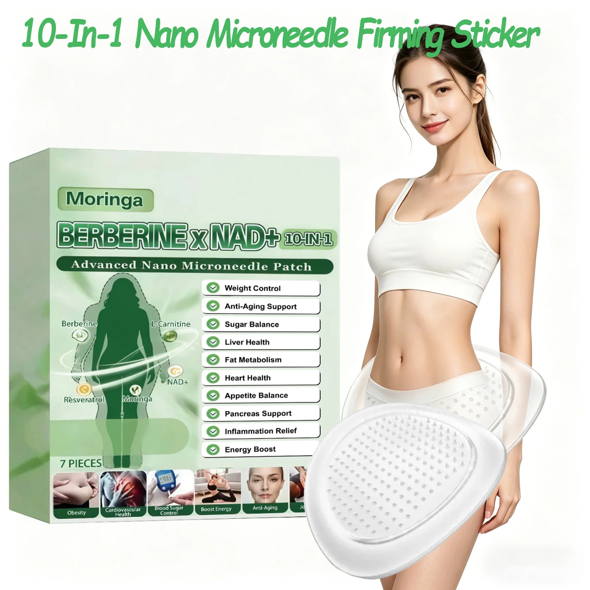 10 In 1 Overnight Microneedle Patch Natural Moringa Berberine NAD Plus Firming Skin Care Soluble Micro Darts Tightening Skincare