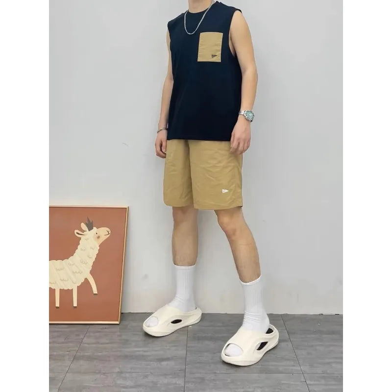 Men Patch Pocket Sleeveless Tank Top Loose Ice Silk Shorts Set Trendy Casual Summer Two Piece Outfit