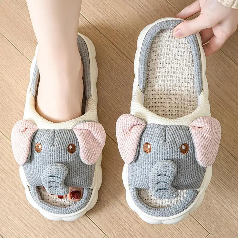 Elephant Hemp Slippers Women Home Cartoon Designer Shoes Girls Flats Spring Summer Casual Slides Indoor Soft Sole Non-Slip Floor