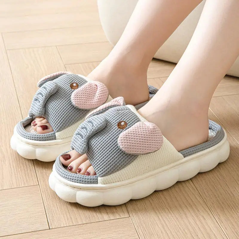 Elephant Hemp Slippers Women Home Cartoon Designer Shoes Girls Flats Spring Summer Casual Slides Indoor Soft Sole Non-Slip Floor