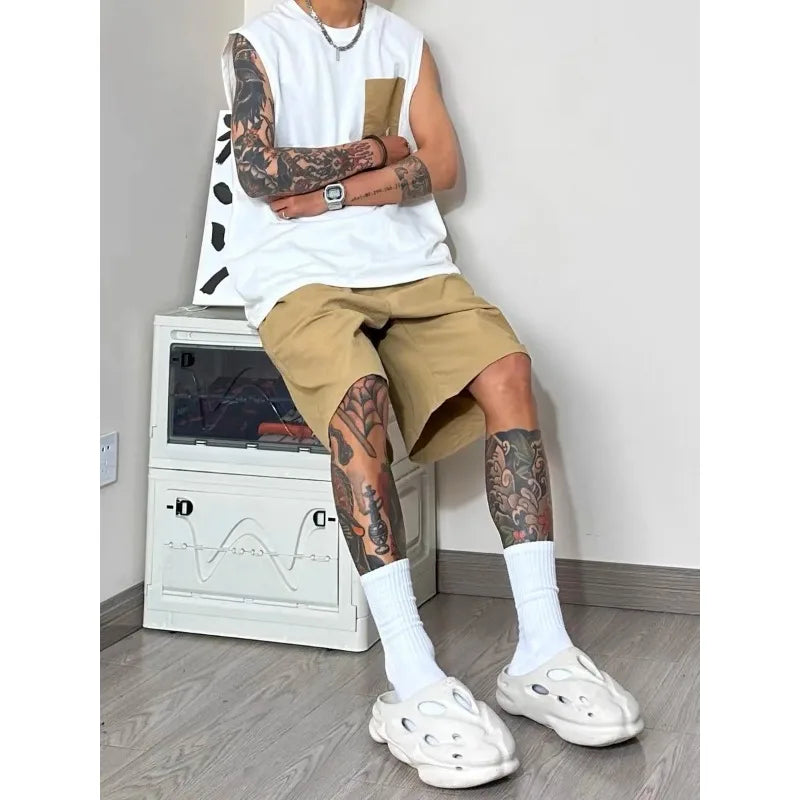 Men Patch Pocket Sleeveless Tank Top Loose Ice Silk Shorts Set Trendy Casual Summer Two Piece Outfit