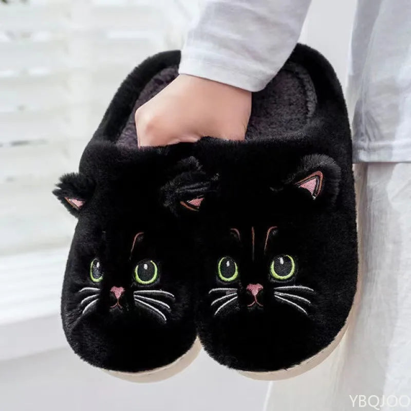 New Autumn Winter Cotton Slippers Men and Women Couple Cartoon Kitten Indoor Plush Flat Bottom Home Warmth Women&