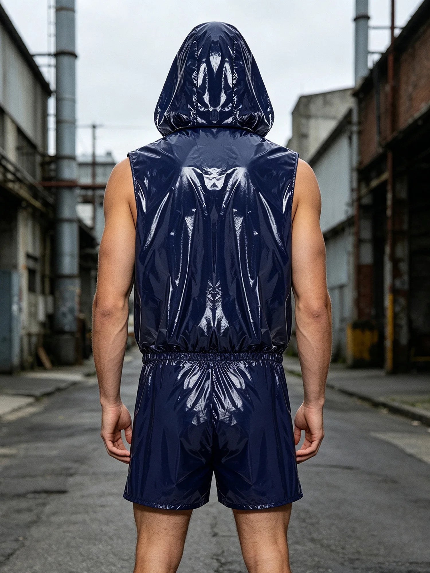 Mens Waterproof Hooded Vest Shorts Set Tracksuit Glossy Costume Front Zipper Waistcoat with Hood And Built-in Briefs Boxer Short