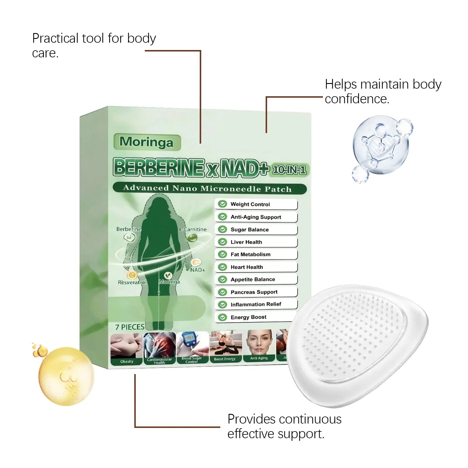 10 In 1 Overnight Microneedle Patch Natural Moringa Berberine NAD Plus Firming Skin Care Soluble Micro Darts Tightening Skincare