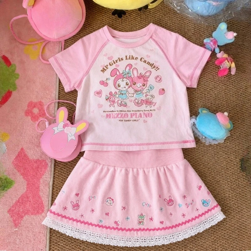 Sweet Kawaii Cartoon Bunny T Shirt Mini Skirt Two Piece Outfit Y2K Girls Raglan Short Sleeve Casual Street Daily Holiday Wear
