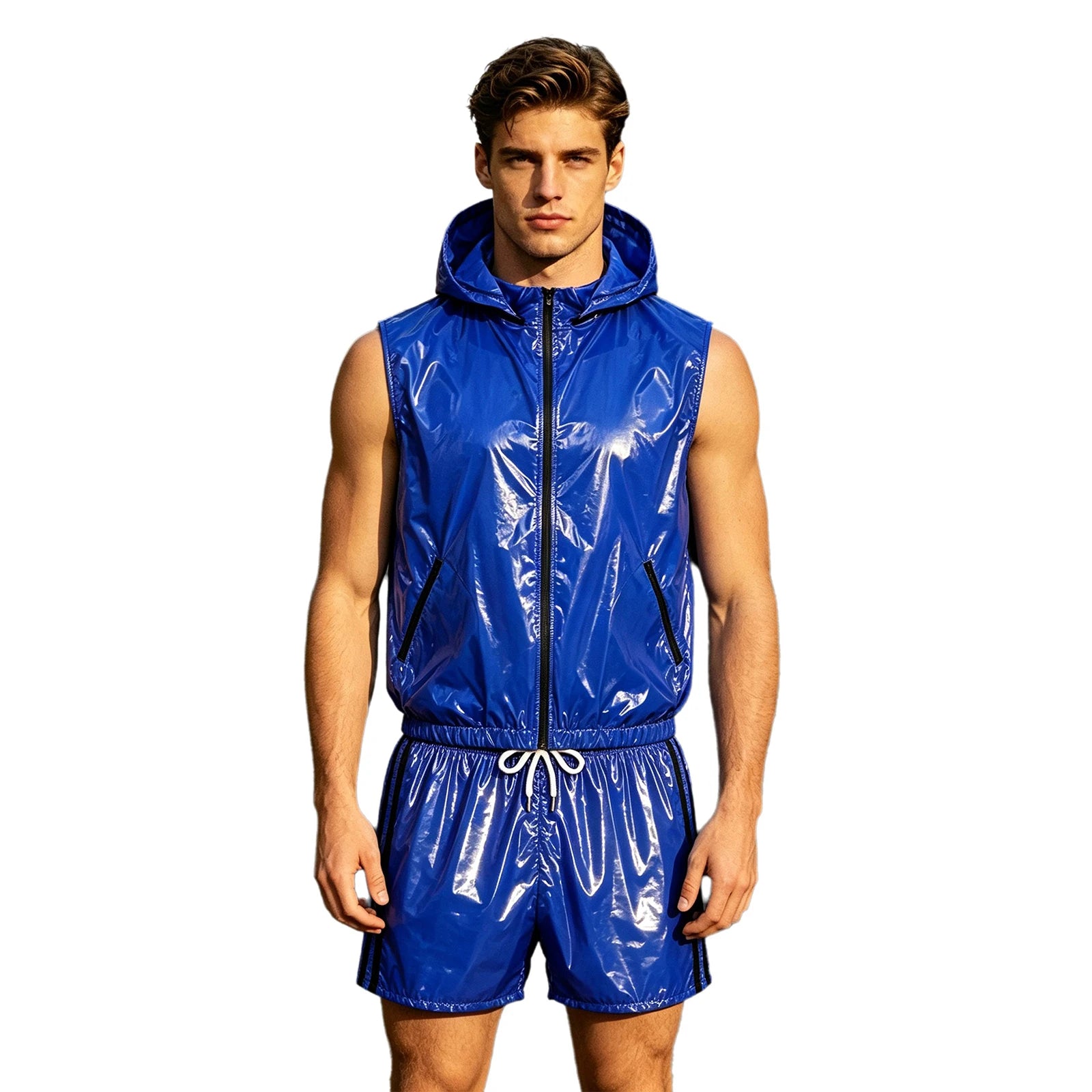 Mens Waterproof Sportwear Tracksuit Front Zipper Sleeveless Hooded Vest with Shorts Built-in Briefs for Gyms Fitness Workout
