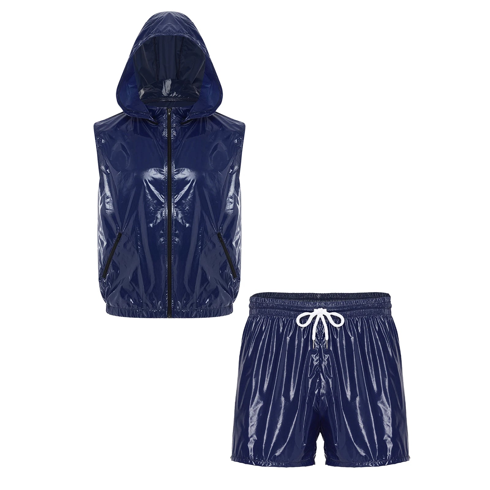 Mens Waterproof Hooded Vest Shorts Set Tracksuit Glossy Costume Front Zipper Waistcoat with Hood And Built-in Briefs Boxer Short