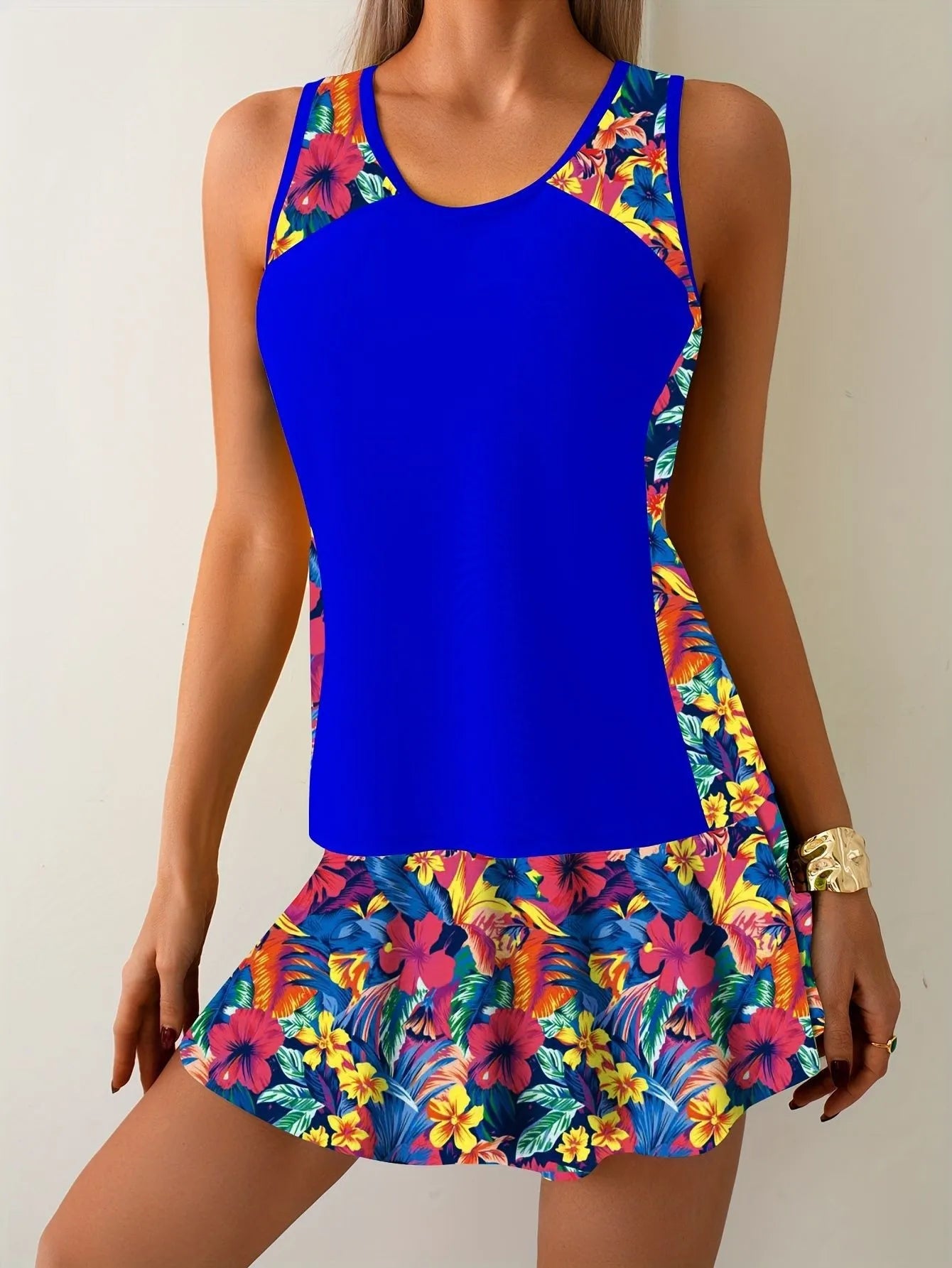 Sleeveless Tankini Top Swimwear Woman Tankini Yellow Floral Print Skirted Bottom Swim Tank Bright Color Two Piece Swimsuit