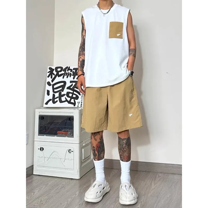 Men Patch Pocket Sleeveless Tank Top Loose Ice Silk Shorts Set Trendy Casual Summer Two Piece Outfit
