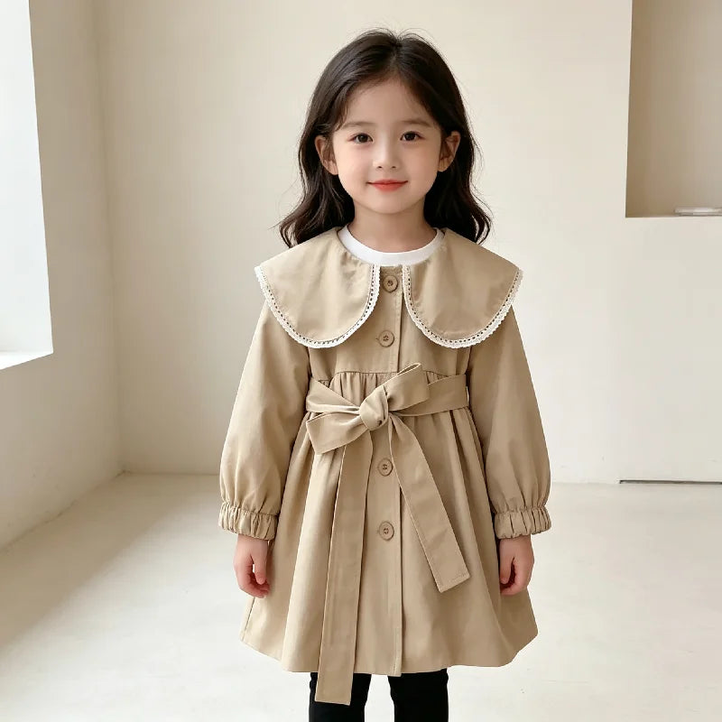 Girls Trench Coats Kids Fashion Waisted Jackets Children Turndown Collar Baby Long Sleeve Windbreaker Outerwear Clothing 2-8Y
