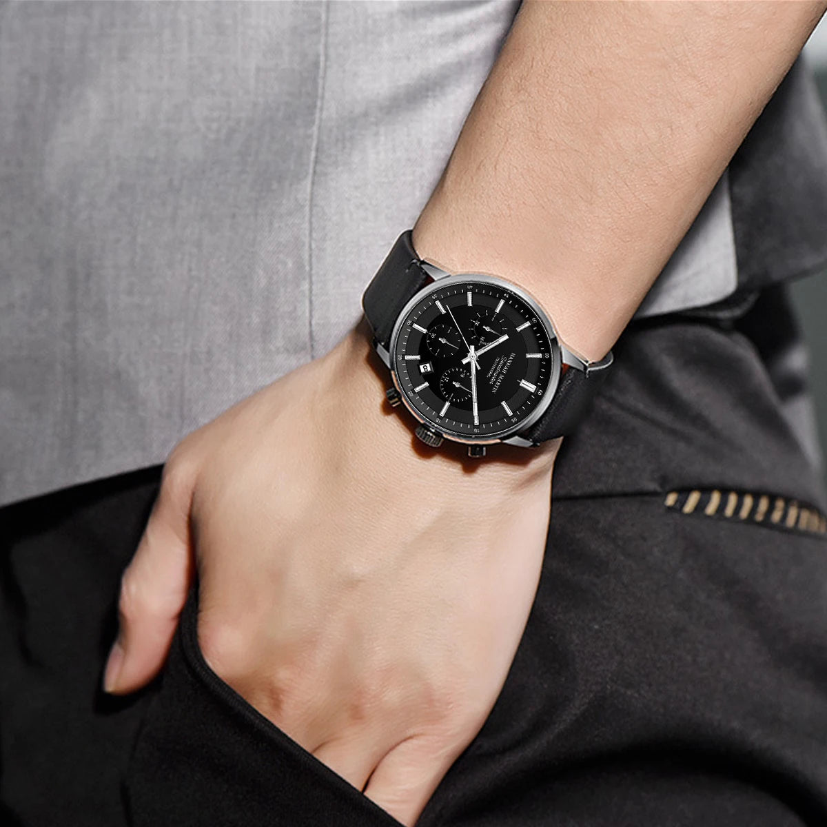 Hannah Martin Men Gift Box Men Watch Black Leather 41mm Business Multifunctional Timing Clock Quartz Movement Sports Men Watches
