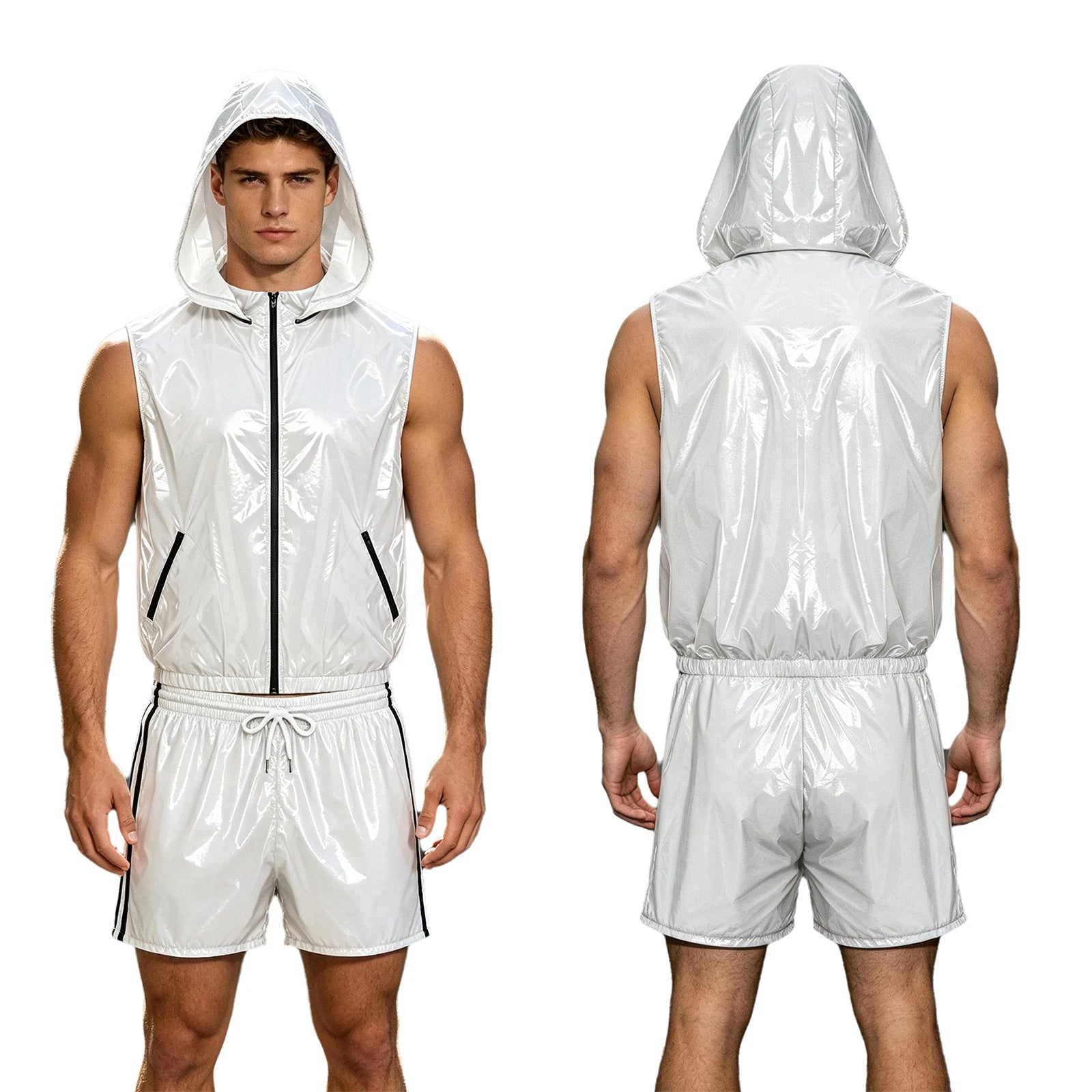 Mens Waterproof Sportwear Tracksuit Front Zipper Sleeveless Hooded Vest with Shorts Built-in Briefs for Gyms Fitness Workout