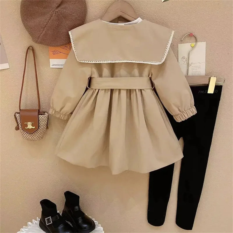 Girls Trench Coats Kids Fashion Waisted Jackets Children Turndown Collar Baby Long Sleeve Windbreaker Outerwear Clothing 2-8Y
