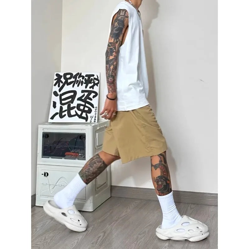 Men Patch Pocket Sleeveless Tank Top Loose Ice Silk Shorts Set Trendy Casual Summer Two Piece Outfit