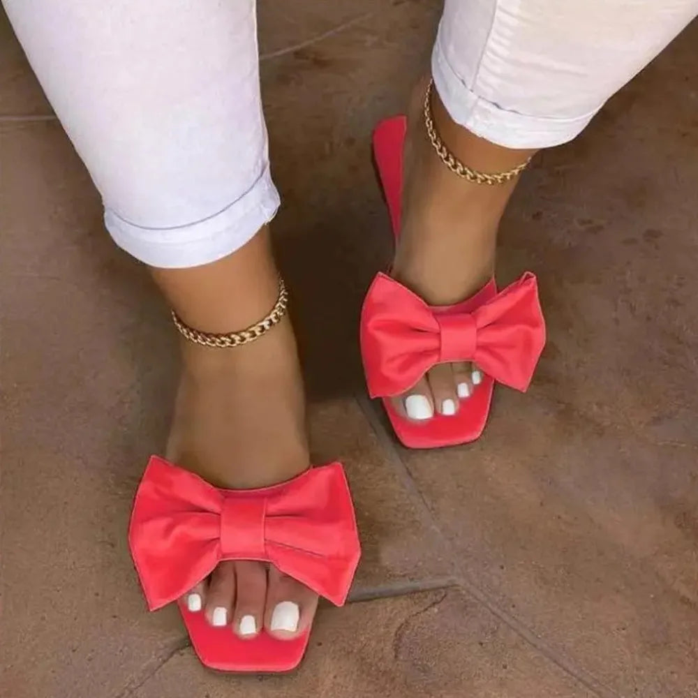 2026 Women‘s Home Slippers Summer Outdoor Flat Leather Bow Non-slip Beach Lady Casual Fashion Women Sandals Pantufa Shoes