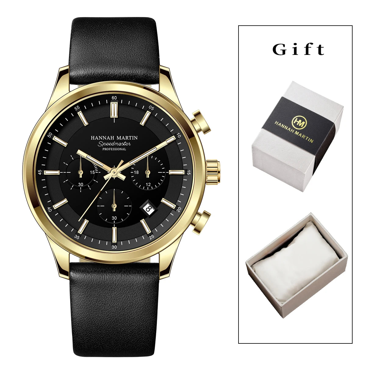 Hannah Martin Men Gift Box Men Watch Black Leather 41mm Business Multifunctional Timing Clock Quartz Movement Sports Men Watches