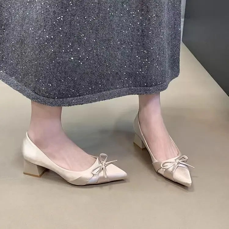 Retro Mid-length Single Shoes Spring and Summer New Fashion Belt Buckle Pointed Toe Comfortable Shallow Toe Bow Tie Casual Shoe