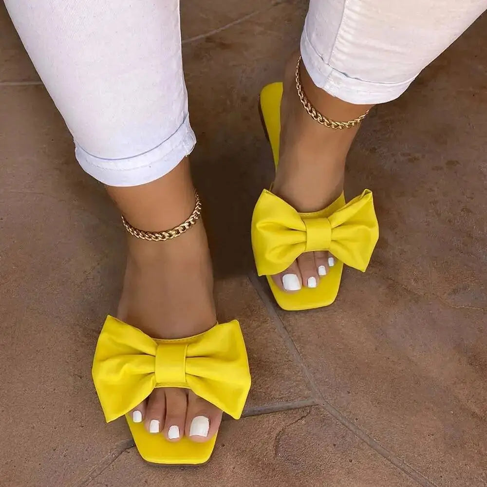 2026 Women‘s Home Slippers Summer Outdoor Flat Leather Bow Non-slip Beach Lady Casual  Fashion Women Sandals Pantufa Shoes