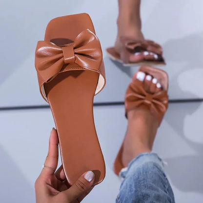2026 Women‘s Home Slippers Summer Outdoor Flat Leather Bow Non-slip Beach Lady Casual  Fashion Women Sandals Pantufa Shoes