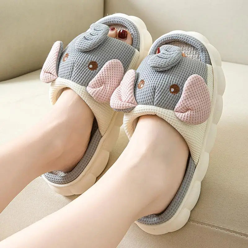 Elephant Hemp Slippers Women Home Cartoon Designer Shoes Girls Flats Spring Summer Casual Slides Indoor Soft Sole Non-Slip Floor
