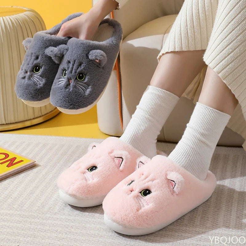 New Autumn Winter Cotton Slippers Men and Women Couple Cartoon Kitten Indoor Plush Flat Bottom Home Warmth Women&