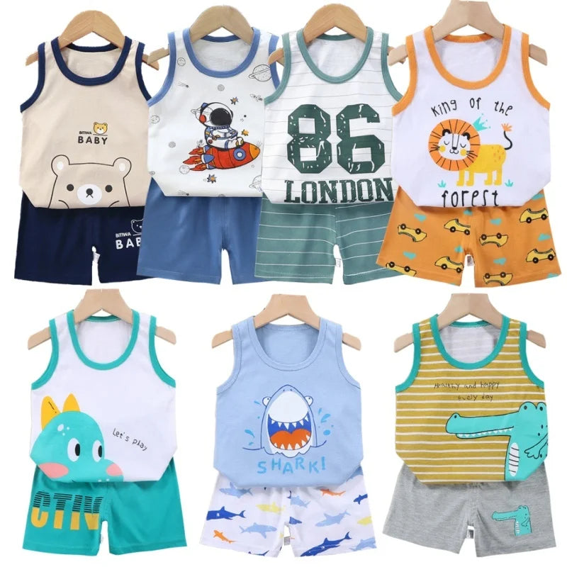 Vest+Shorts 2-Piece Clothing Set Cartoon Lion Pajamas Summer Kids Baby Boys Girls Cotton Casual Tracksuit Clothes Suit 1-6 Years