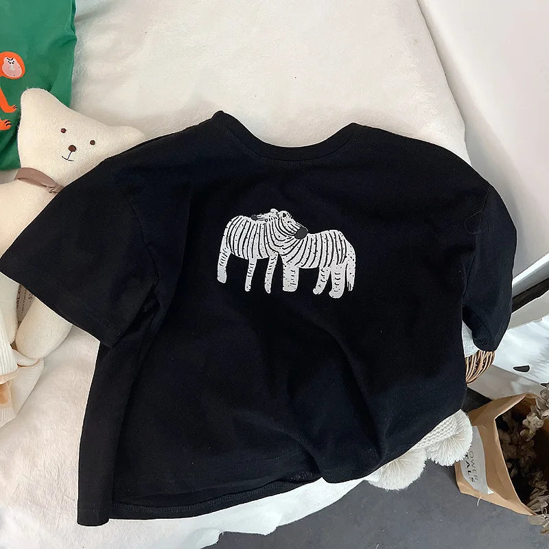 Animal Pattern Baby Boys Girls Short Sleeve Tops Kids Tees Summer Clothing Loose Fashion Trendy Children&
