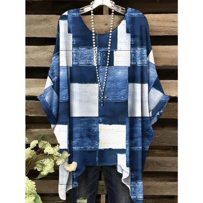 T-Shirts Women Fashion Fake Denim Print Elegant Splicing Graphic O-Neck Medium Stretch Four Seasons Short Sleeve Woman Clothes