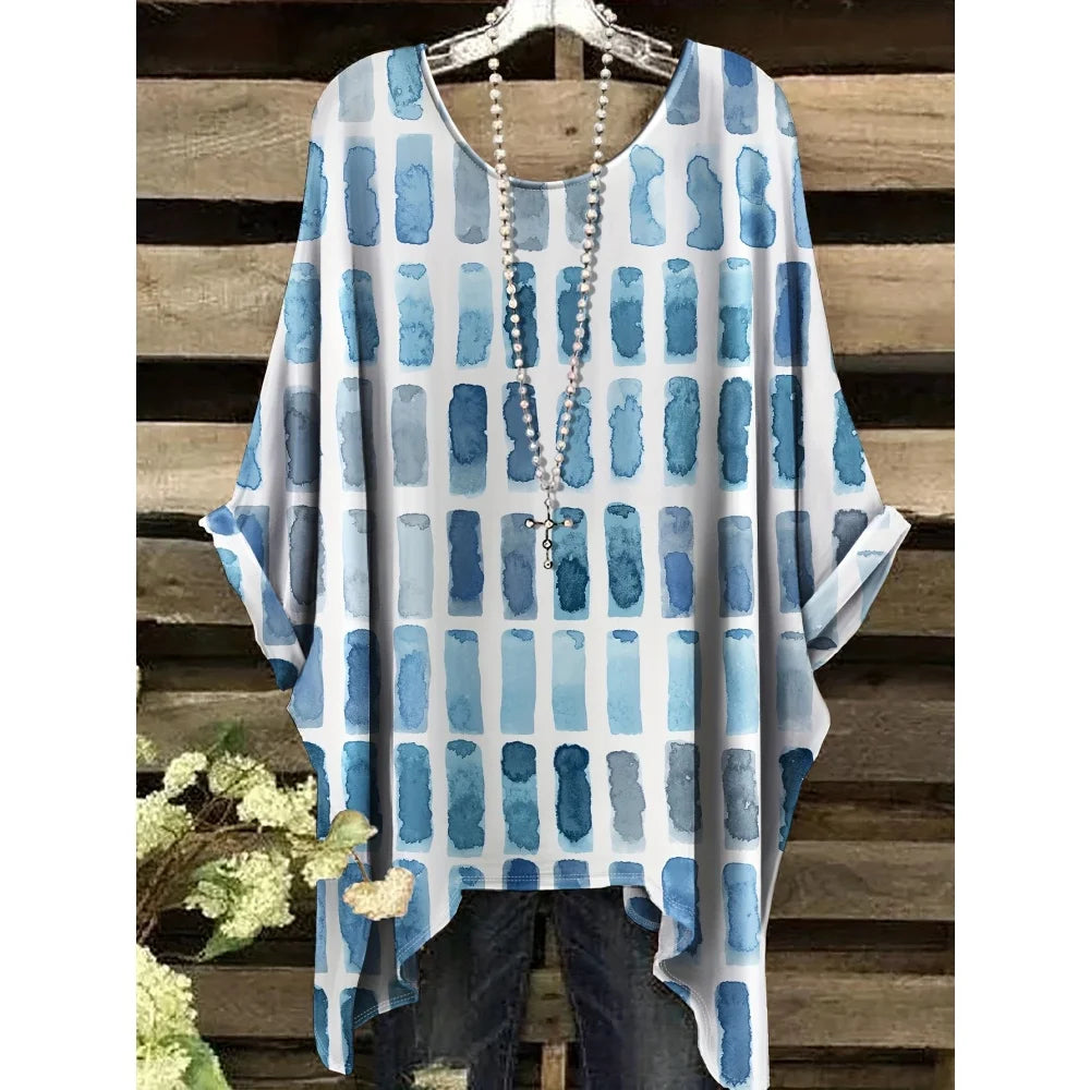 T-Shirts Women Fashion Fake Denim Print Elegant Splicing Graphic O-Neck Medium Stretch Four Seasons Short Sleeve Woman Clothes