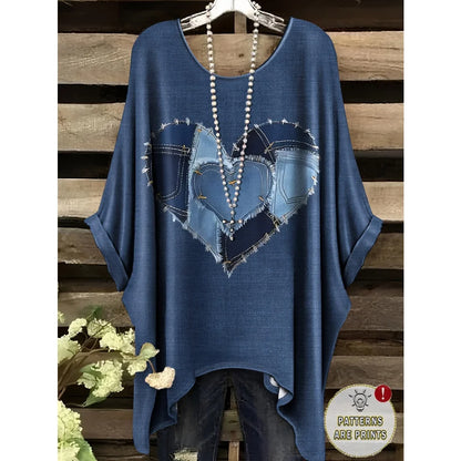 T-Shirts Women Fashion Fake Denim Print Elegant Splicing Graphic O-Neck Medium Stretch Four Seasons Short Sleeve Woman Clothes