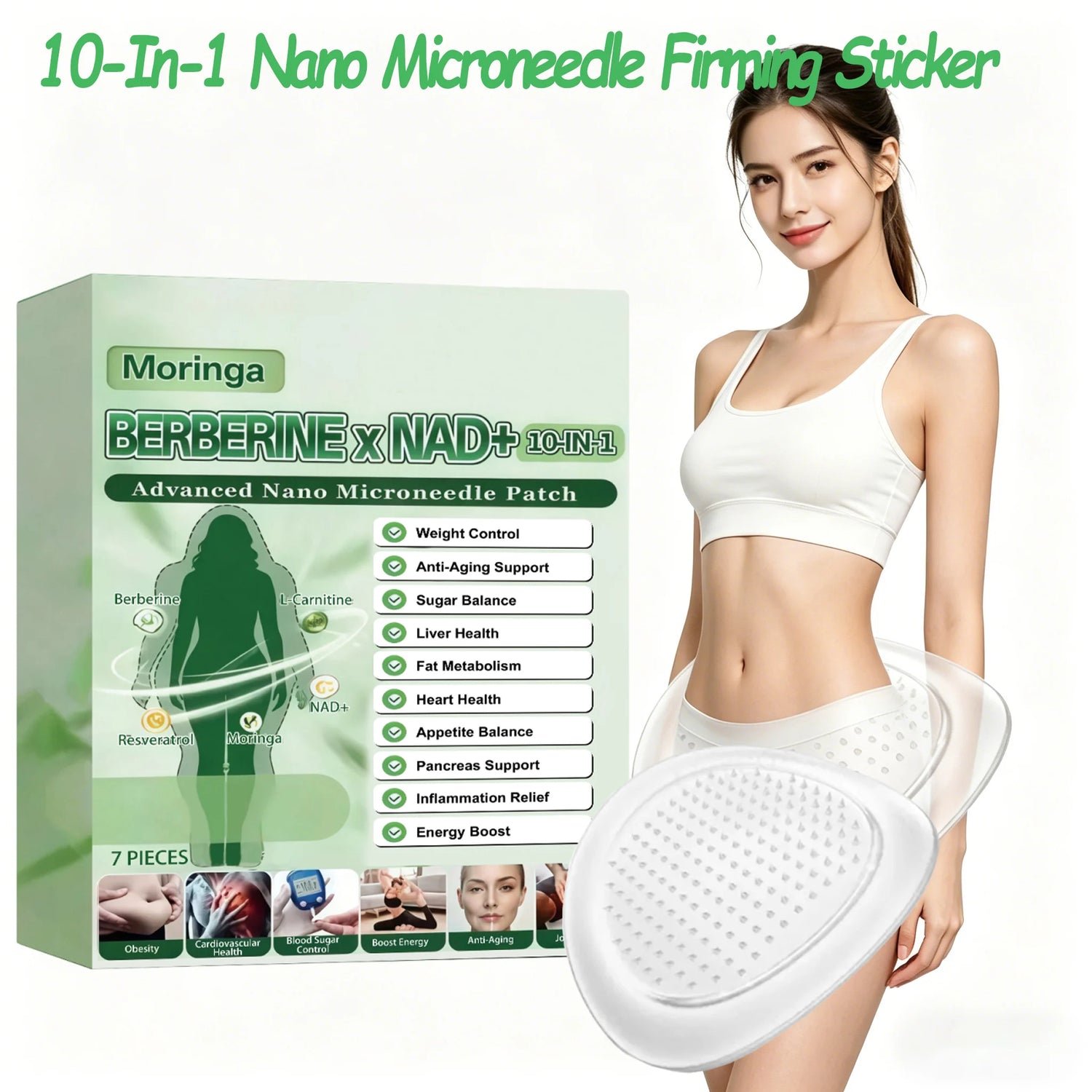 10 In 1 Overnight Microneedle Patch Natural Moringa Berberine NAD Plus Firming Skin Care Soluble Micro Darts Tightening Skincare