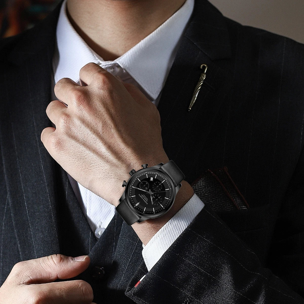 Hannah Martin Men Gift Box Men Watch Black Leather 41mm Business Multifunctional Timing Clock Quartz Movement Sports Men Watches