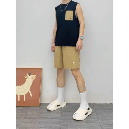 Men Patch Pocket Sleeveless Tank Top Loose Ice Silk Shorts Set Trendy Casual Summer Two Piece Outfit