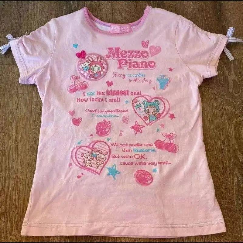 Sweet Kawaii Cartoon Bunny T Shirt Mini Skirt Two Piece Outfit Y2K Girls Raglan Short Sleeve Casual Street Daily Holiday Wear