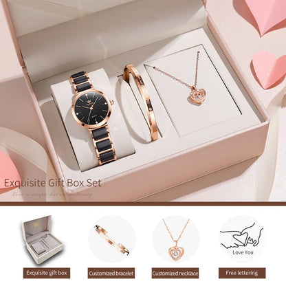 OLEVS Women Watch 5877 Luxury Elegant Quartz Watch Waterproof Luminous Ceramic Strap Ladies Watch Bracelet Set Gift Box Reloj