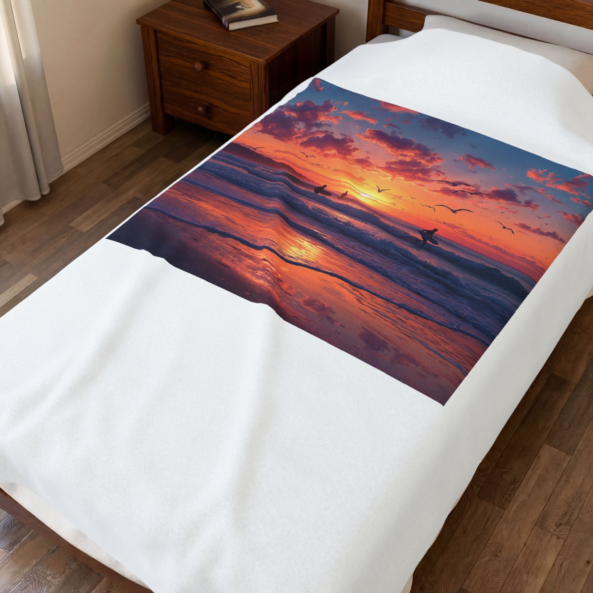 Sunset Surf Velveteen Plush Blanket – Tropical Beach Sunset with Surfers