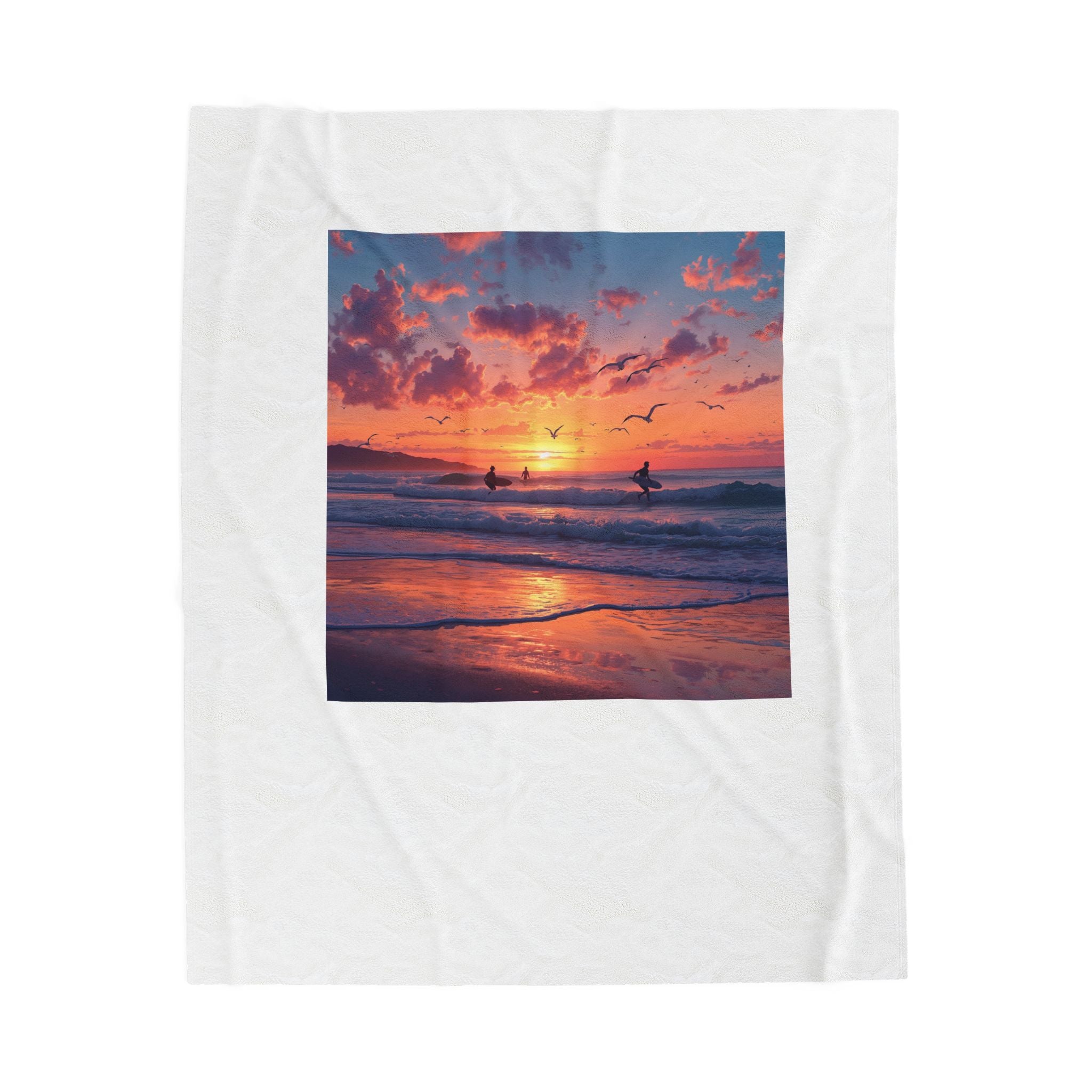 Sunset Surf Velveteen Plush Blanket – Tropical Beach Sunset with Surfers