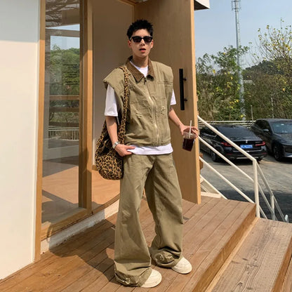 American Fashion Brand Retro Denim Jacket Men Summer New Silhouette Design Shoulder Vest Loose Pants Set Fashionable and Casual