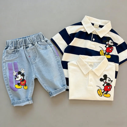 Mickey Mouse Short Sleeve Clothes Set For Kid 2026 Spring Summer Baby Boy Girl Polo Shirt+Jeans 2PCE Children Clothing Tracksuit