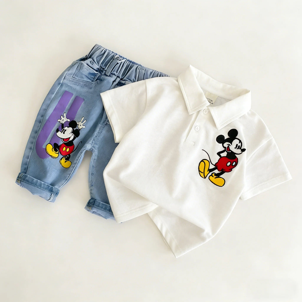 Mickey Mouse Short Sleeve Clothes Set For Kid 2026 Spring Summer Baby Boy Girl Polo Shirt+Jeans 2PCE Children Clothing Tracksuit