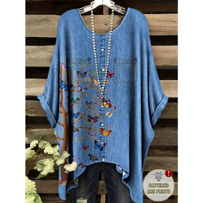T-Shirts Women Fashion Fake Denim Print Elegant Splicing Graphic O-Neck Medium Stretch Four Seasons Short Sleeve Woman Clothes