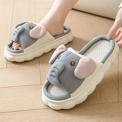 Elephant Hemp Slippers Women Home Cartoon Designer Shoes Girls Flats Spring Summer Casual Slides Indoor Soft Sole Non-Slip Floor