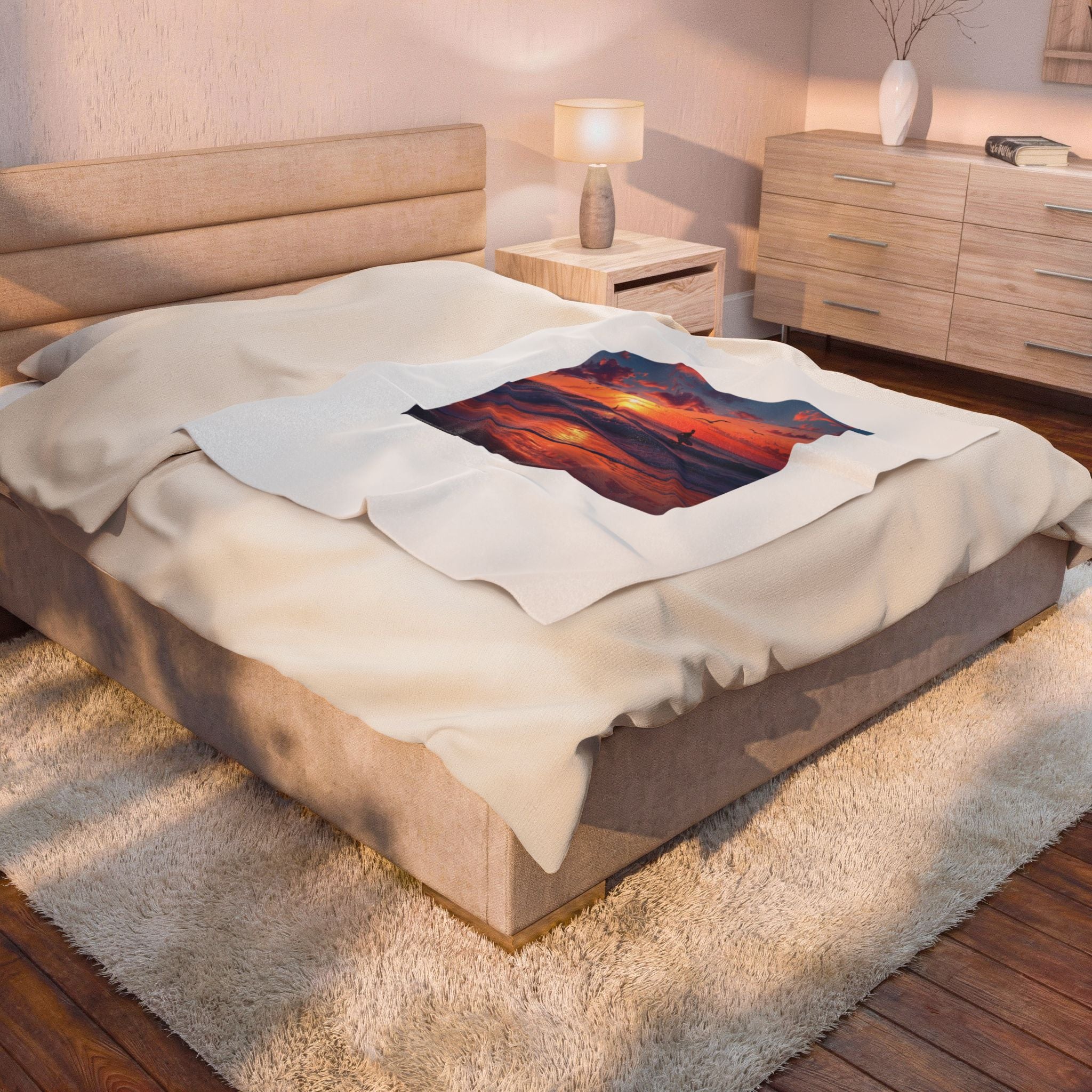 Sunset Surf Velveteen Plush Blanket – Tropical Beach Sunset with Surfers