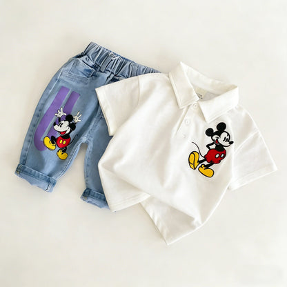 Mickey Mouse Short Sleeve Clothes Set For Kid 2026 Spring Summer Baby Boy Girl Polo Shirt+Jeans 2PCE Children Clothing Tracksuit