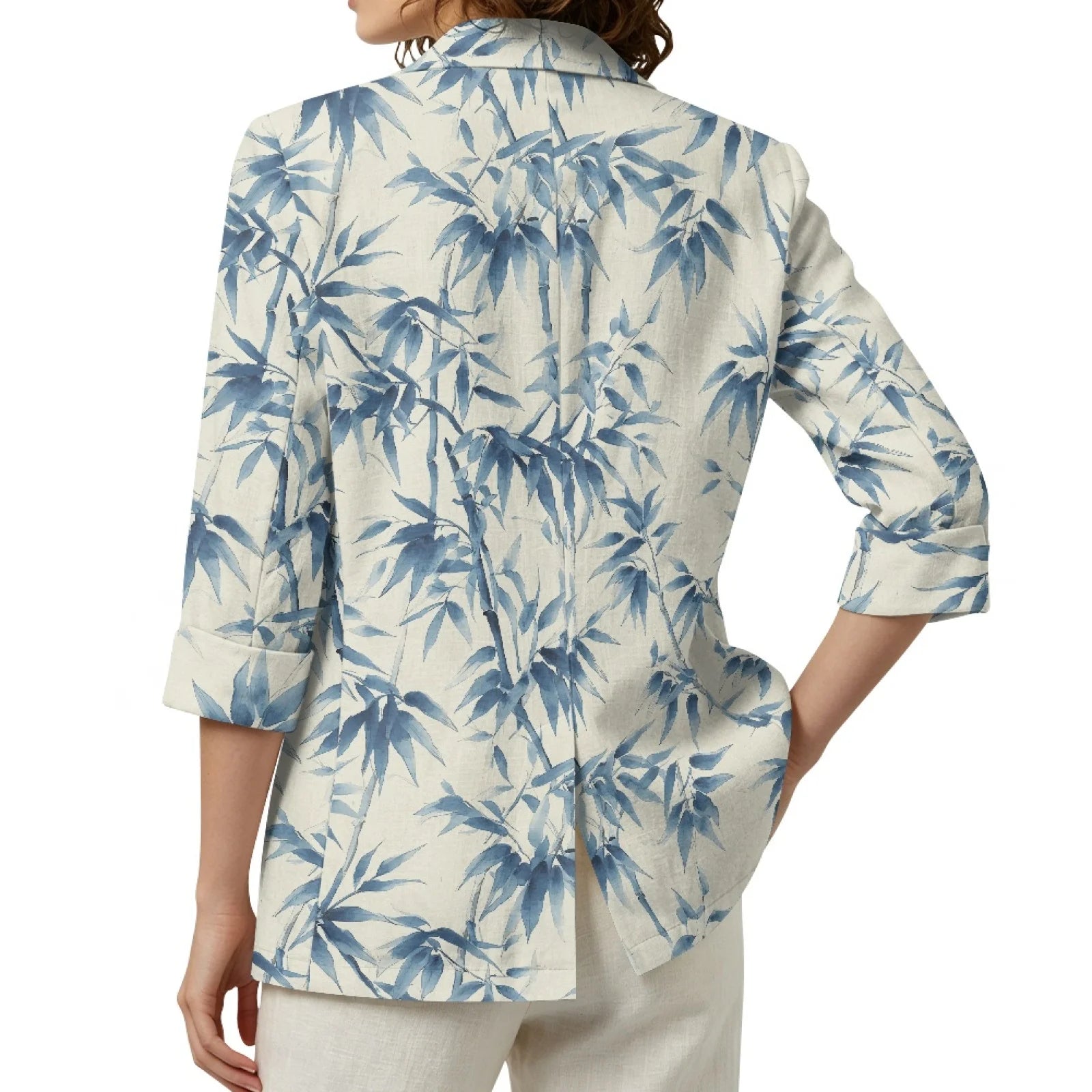 PENSTROLL Blue Leaf Print Loose Fit Open Front Top for Daily Wear Linen Style Jackets Sizes S-3XL