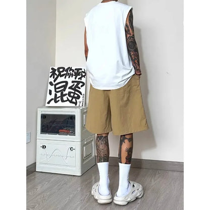 Men Patch Pocket Sleeveless Tank Top Loose Ice Silk Shorts Set Trendy Casual Summer Two Piece Outfit