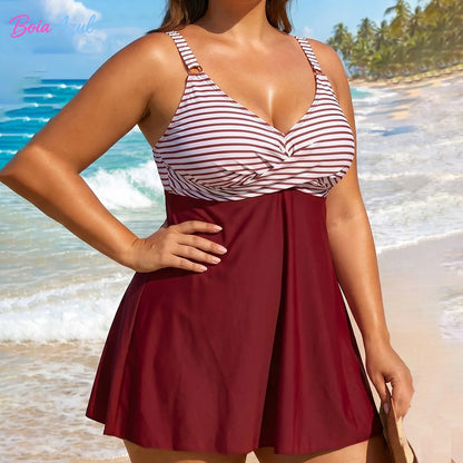 Big size color-blocked striped skirt-style swimsuit cross V-neck swimsuit with belly coverage for ladies sexy backless swimsuit
