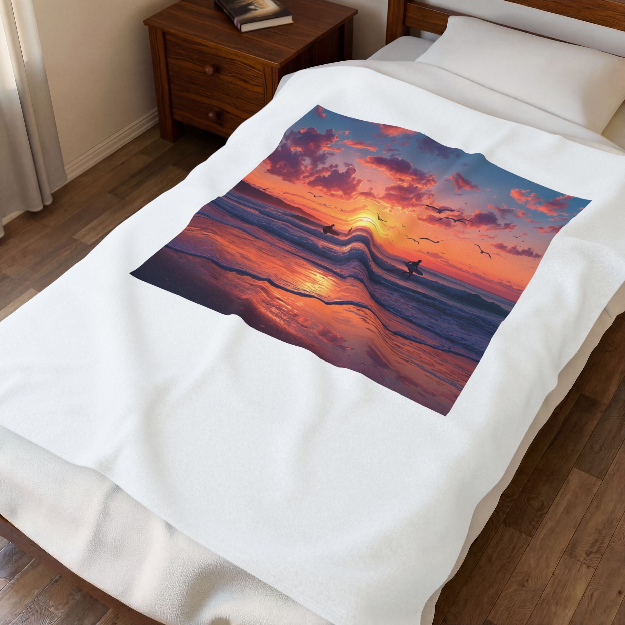 Sunset Surf Velveteen Plush Blanket – Tropical Beach Sunset with Surfers