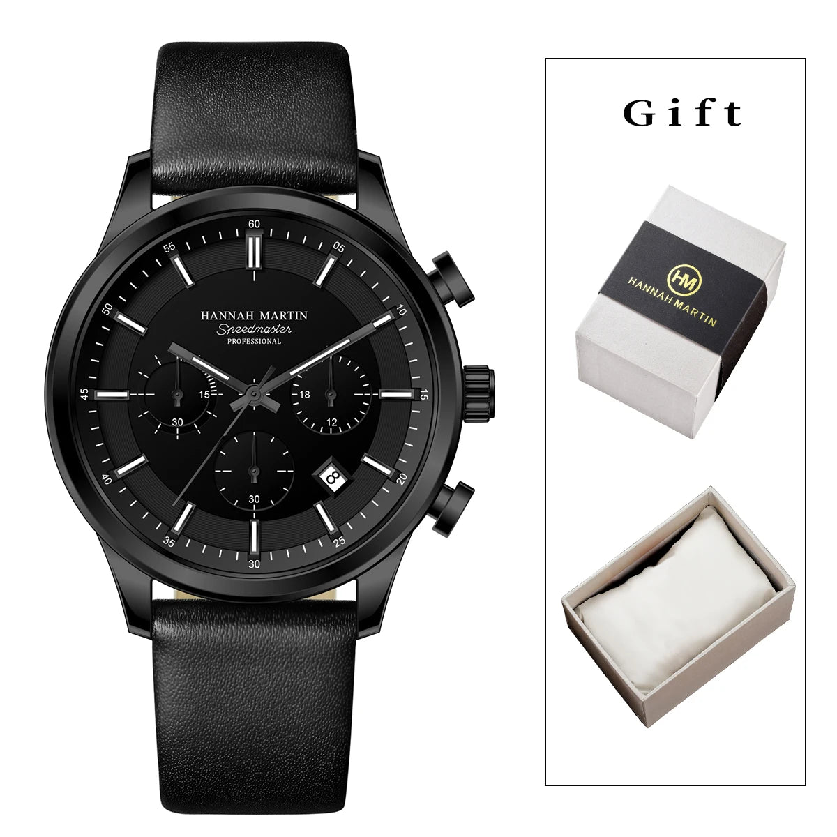 Hannah Martin Men Gift Box Men Watch Black Leather 41mm Business Multifunctional Timing Clock Quartz Movement Sports Men Watches
