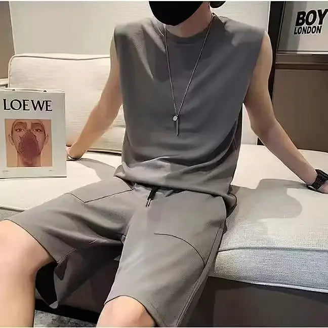 Men Patch Pocket Sleeveless Tank Top Loose Ice Silk Shorts Set Trendy Casual Summer Two Piece Outfit